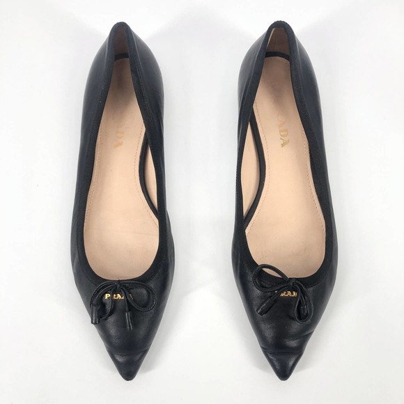 Prada Shoes - Prada Bow Logo Pointed Toe Flat in Black Leather Shoes Size 7